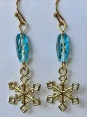 Gold and Blue Snowflake Dangle Earrings. Winter. Christmas. Snow. Ski.