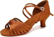 [HIPPOSEUS] Women's Latin Dance Shoes Satin Professional Ballroom Salsa Practice Performance Dance Shoes,Model EM