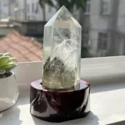 0.33kg Natural Ghost Quartz Obelisk Reiki Heal Crystal Wand Point Tower +Stand