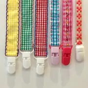 Gingham Dummy Clip, Pacifier Holder, Flower Embroidery Lace Gingham Ribbon