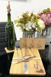 Wine And Grapes Bamboo Cheese Board Knife Wine Stopper Picks & Coasters Gift Set