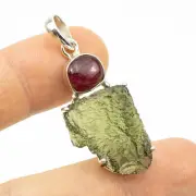 6.77gr MOLDAVITE tektite pendant with SPINEL sterling silver .925 #JM356