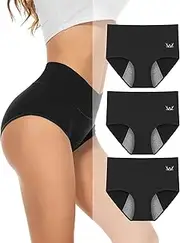 [PULIOU] Period Underwear for Women Heavy Flow High Waisted Menstrual Panties Teens Cotton Postpartum Hipster 3 Pack, Black, Medium, Black, Medium