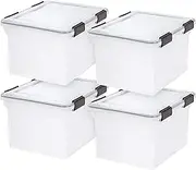 IRIS USA 32 Quart WEATHERPRO Letter Size Portable File Box, Plastic Storage Container with Durable Lid and Seal and Secure Latching Buckles, Weathertight, Clear with Black Buckles, 4 Pack