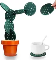 Coasters Cactus Set of 6 DIY Funny Coasters for Drinks with Flowerpot Holder,Novelty Coasters Cactus Gifts for Bar Home Decor (Green with Point) Coffee Table