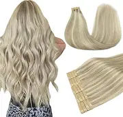 DOORES Hair Extensions Real Human Hair, Ash Blonde Highlighted Platinum Blonde 45cm 50g 20pcs, Real Human Hair Extensions Tape in Skin Weft Natural Remy Hair