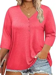 [IRISGOD] Womens Plus Size Tops V Neck 3/4 Sleeve Casual T Shirts Loose Plain Tunic Tees