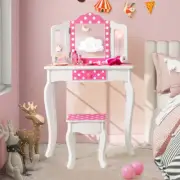 Costway Kids Vanity Set with Tri-folding Mirror, Drawer and Stool -Pink-Polka...
