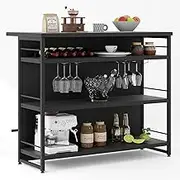 Giantex Industrial Home Bar Unit, 4-Tier Liquor Bar Cabinet w/ 3 Open Shelves, Wine Rack & Stemware Holders, Kitchen Island with Footrest & Adjustable Foot Pads for Pub Kitchen, Black