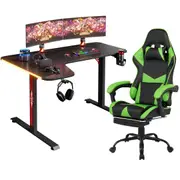 Advwin L shape Gaming Desk RGB LED Light & Gaming Chair Racing Recliner Executive Seat Office Chair Black & Green