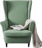 Wingback Chair Covers 2 Piece Set - 2 IN 1 Design Armchair Covers Solid Soft Wing Back Chair Cover Stretch Wing Chair Slipcover Furniture Protector for Living Room Bedroom Hotel (Green)