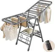 3-Tier Clothes Drying Stand,150 Width Carbon Steel Clothes Drying Rack, Foldable Free-Standing Airer Laundry Clothing Hanging Dryer Racks with Height-Adjustable Gullwings for Indoor Outdoor Use