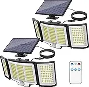 Solar Lights Outdoor, LED 2800LM Solar Motion Sensor Flood Outdoor Lights with Remote Control, 3 Heads lP65 Waterproof Flood Security Lamp for Dusk to Dawn Yard Garage Patio Wall (2PACK)