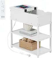 CASADISO Bedside Table with Power Board : (AU Standards) 3-Tier Narrow Side Table with Built-in Powerboard USB A/Type C Ports, Coffee Table with Drawer Organiser Storage Shelf for Living Room, Bedroom