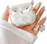 [MINSCOSE] Compatible with AirPods Pro 2 Clear Case,Cute Cartoon Flower Pattern Design with Floral Keychain,Soft TPU Protective Shockproof Case for Airpods Pro 2nd Generation for Girls Women-White