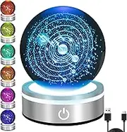 Crystal Ball Night Light, 3D Engraved Space Crystal Ball with Colorful Light Base, Portable Crystal Ball Night Lamp, Decorative Galaxy Globe Lamp, Crystal Display Sculpture for Home Decor (Sun)
