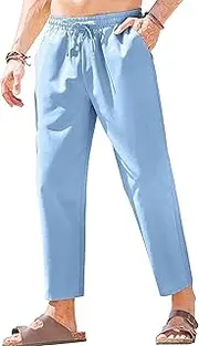 [Aosufei] Men's Basic Cotton Liene Loose Fit Pants Elasitc Waist Lightweight Summer Trousers Casual Solid Yoga Beach Pants