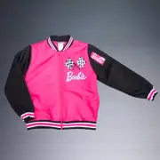 BARBIE CHECKERED FLAGS LET'S ROLL RACING BOMBER JACKET LIGHTWEIGHT YOUTH SZ 16XL