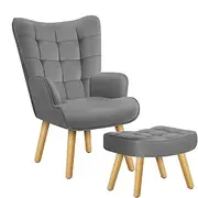 ALFORDSON Velvet Armchair with Ottoman, High Back Leisure Occasional Accent Nursing Chair Solid Wooden Legs, Lounge Sofa for Reading Dressing Bedroom Living Room, Max 180kg, Bozena Light Grey