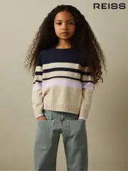 Reiss Navy Audrey 9-13 yrs Wool Blend Striped Crew Neck Jumper (E54483) | $80