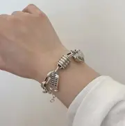 925 Sterling Silver Girls Thick Chain Bracelet Heart Tassel Bangle Woman Jewelry
