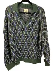 NEW Chaser Argyle Sweater Womens Size Large Long Sleeve Casual V Neck Green Blue