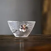 ZENATION Japanese Hammered Glass Exquisite -Set of 2 Tea Cups/Sake Cups, with tin and Copper Plum Blossom Decoration-A