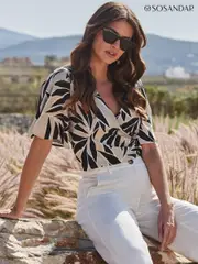 Sosandar Cream Floral Print Tie Side Wrap Top (E68454) | $113