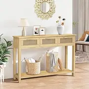 Narrow Console Table Hallway Entryway Sofa Couch Side End Accent Home Entrance Living Bedroom Furniture Oak with Rattan Storage Drawers Shelf