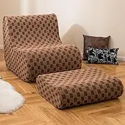 Giantex Bean Bag Chair with Ottoman, Bean Bag Sofa Chair with High Elasticity Sponge, Non-Slip Bottom & Machine-Washable Teddy Velvet Cover, Comfy Lazy Sofa for Living Room, Bedroom (Brown)