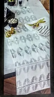 NWT 72" Nate Berkus Off-White Table Runner, Silver Metallic & Gray Fern Pattern