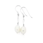 Silver F/w Pearl & Twist Bar Hook Earrings