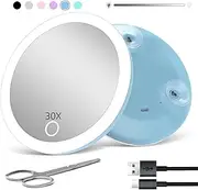 Magnifying Mirror with Light Magnifying Mirror 30x with Suction Cup, 30x Cosmetic Mirror with Magnification, Rechargeable, Dimmable Light, 10 cm Travel Size, with Scissors, Blue