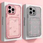 Case With Card Holder For iPhone 16 Pro Max 15 14 13 12 11 Cute Bow Clear Cover