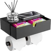 Double Roll Toilet Paper Holder with Shelf, Black Stainless Steel Wall Mount