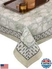 ATOSII Jade 100% Cotton Rectangle Summer Tablecloth, Block Print Floral Table