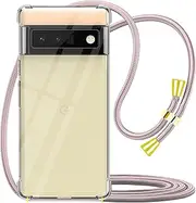 YESPURE Crossbody Case for Google Pixel 6 Pro 6.71 inch Clear Neck Cord Lanyard Strap Cover Soft TPU Shockproof Transparent Protective Phone Cover for Google Pixel 6 Pro - Rose Gold
