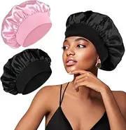 2PCS Satin Silk Hair Bonnet Soft Sided Sleep Cap Satin Bonnet Silk for Women Hair Care with Wide Elastic Band