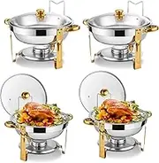 Posuu Chafing Dish Buffet Set 4 Pack, 5QT Round Chafing Dishes for Buffet with Glass Lid & Lid Holder, Stainless Steel Chafers and Buffet Warmers Sets for Catering, Parties and Weddings, Gold