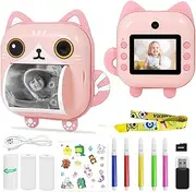 [AURTEC] Instant Camera for Kids, Mini Thermal Printing Camera, No Ink Required, 48MP Dual Camera,1080P HD Video, 32G TF Card, 3 Print Paper, 2.4 Inch Color Screen, Cute Animal Cartoon Design, Cat