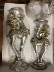 Kringle Express 2 Reindeer w Flameless Candle 14” New Silver And Gold Ornate