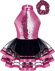 [Fldy] 2Pcs Girls Dance Costume Halter Sequins Shiny Lyrical Ballet Dance Tutu Dress with Headwear Set