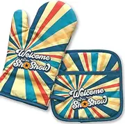 Double Trouble Inc - Funny Oven Mitt and Pot Holder Set - Oven Glove - Kitchen Glove - Pot Stand - (Welcome to The Show)
