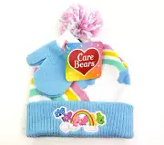 Care Bears Girls OSFM Blue Pink Winter Knit Pom Beanie Hat Mittens Set