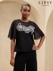 Lipsy Black/White Floral Flutter Sleeve Trim T-Shirt (AG3484) | $35