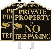 Large Private Property No Trespassing Signs with 36" Alloy Long Stake, 12x12" Video Surveillance Metal Sign for Yard, Rustproof & Fade Resistant, 2Pack