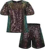 [WELAKEN] Girls 2 Piece Sequin Summer Outfits Kid Toddler Puff Sleeves Top and Shorts Set with Pockets