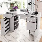 Advwin Manicure Table for Nail Tech with Dust Collector Glass Top Acetone Resistant Drawers Shelves Crystal Handles White