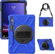 [SLLMYYX] Case for Samsung Galaxy Tab S10 FE/Tab S9 FE/Tab S9, 360 Rotating Hand Strap Shockproof Protective Cover with Shoulder Strap, Blue