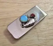 Native American Unique Sterling Silver Turquoise & Coral money clip